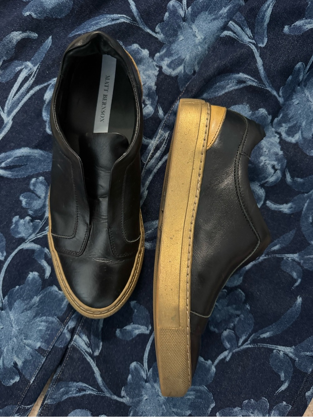Matt Bernson Black Leather Slip-On Sneakers with Tan Sole